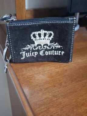 Juicy Couture Black Velvet Embroidered Crown Zip Key Wallet